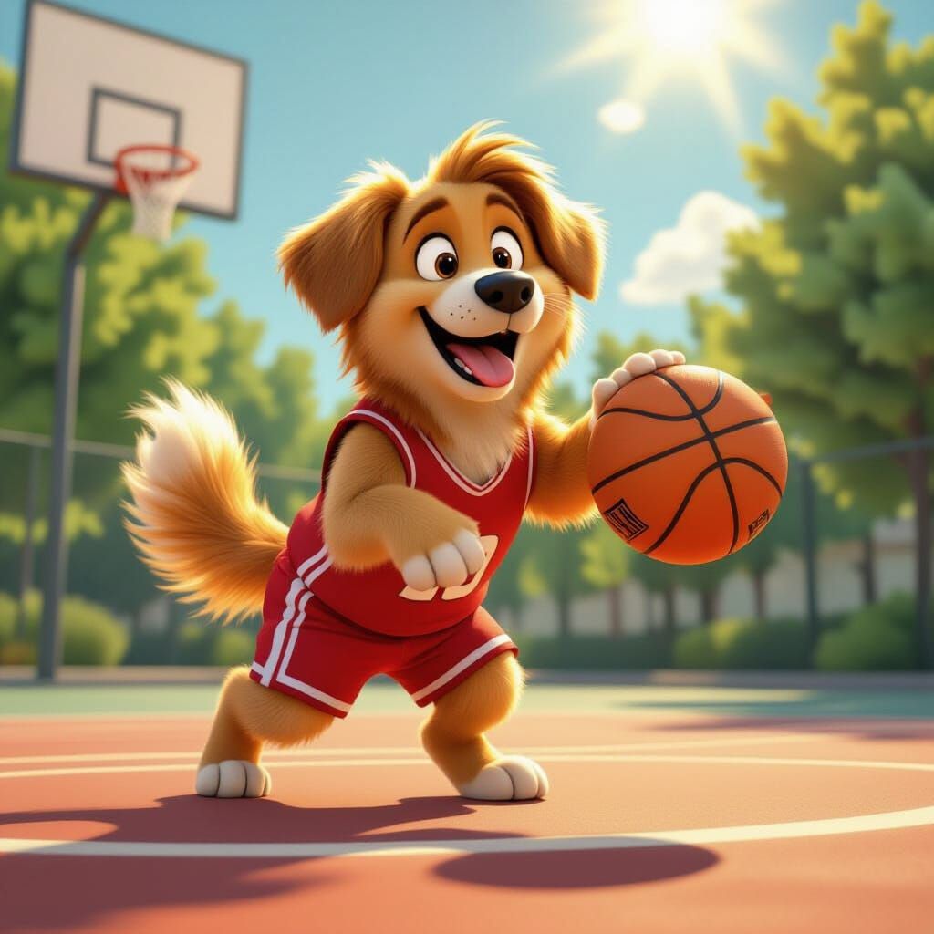 Golden Retriever Plays Basketball in Animation Style