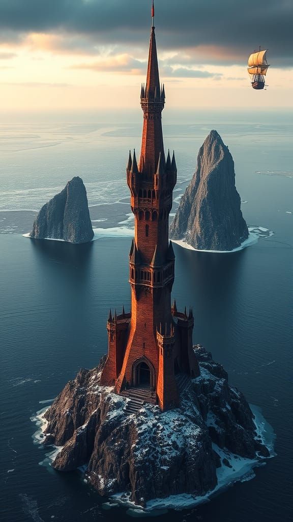Fantasy Stone Tower and Golden Ship in Northern Sea