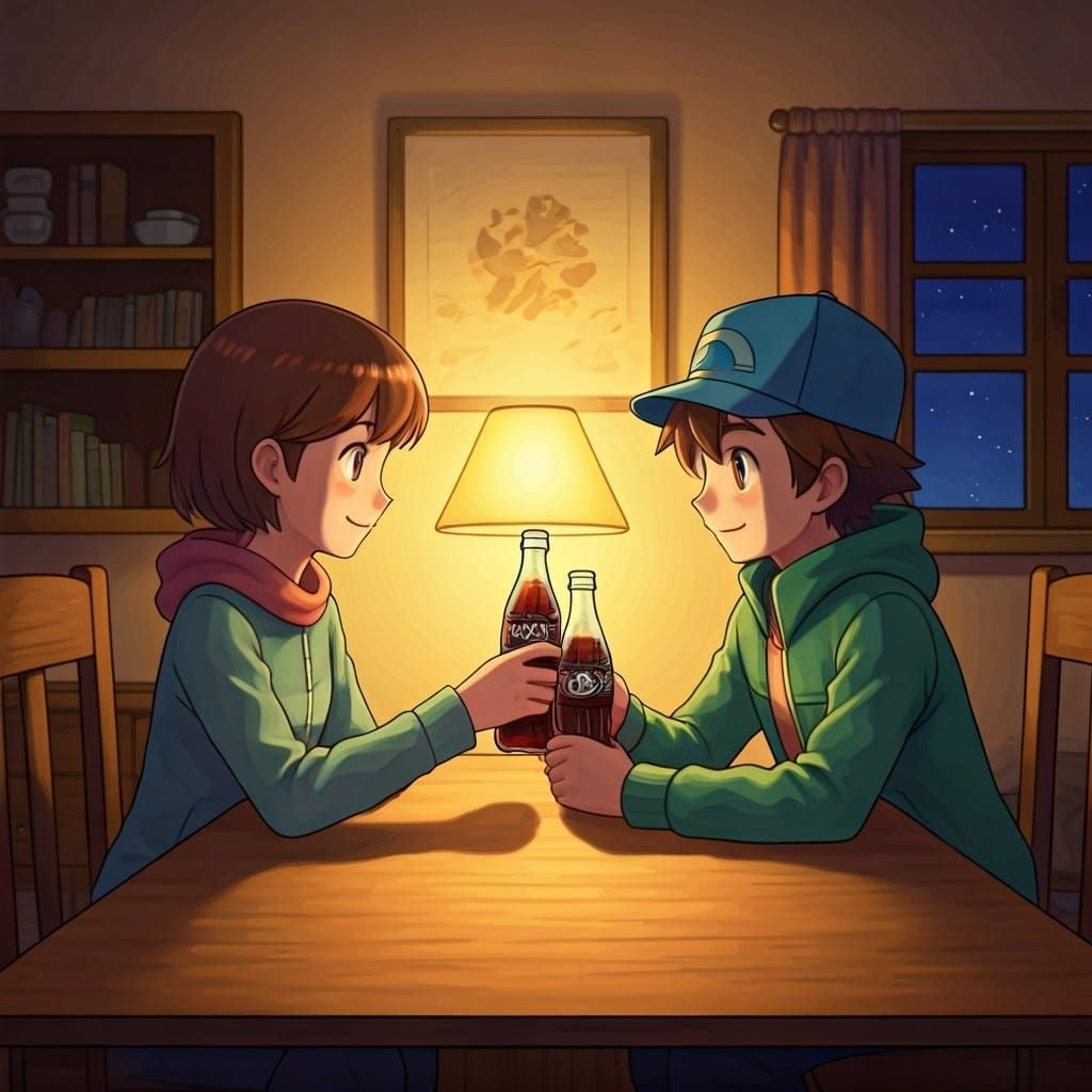 Cozy Home Scene with Siblings Sharing Poké-Cola