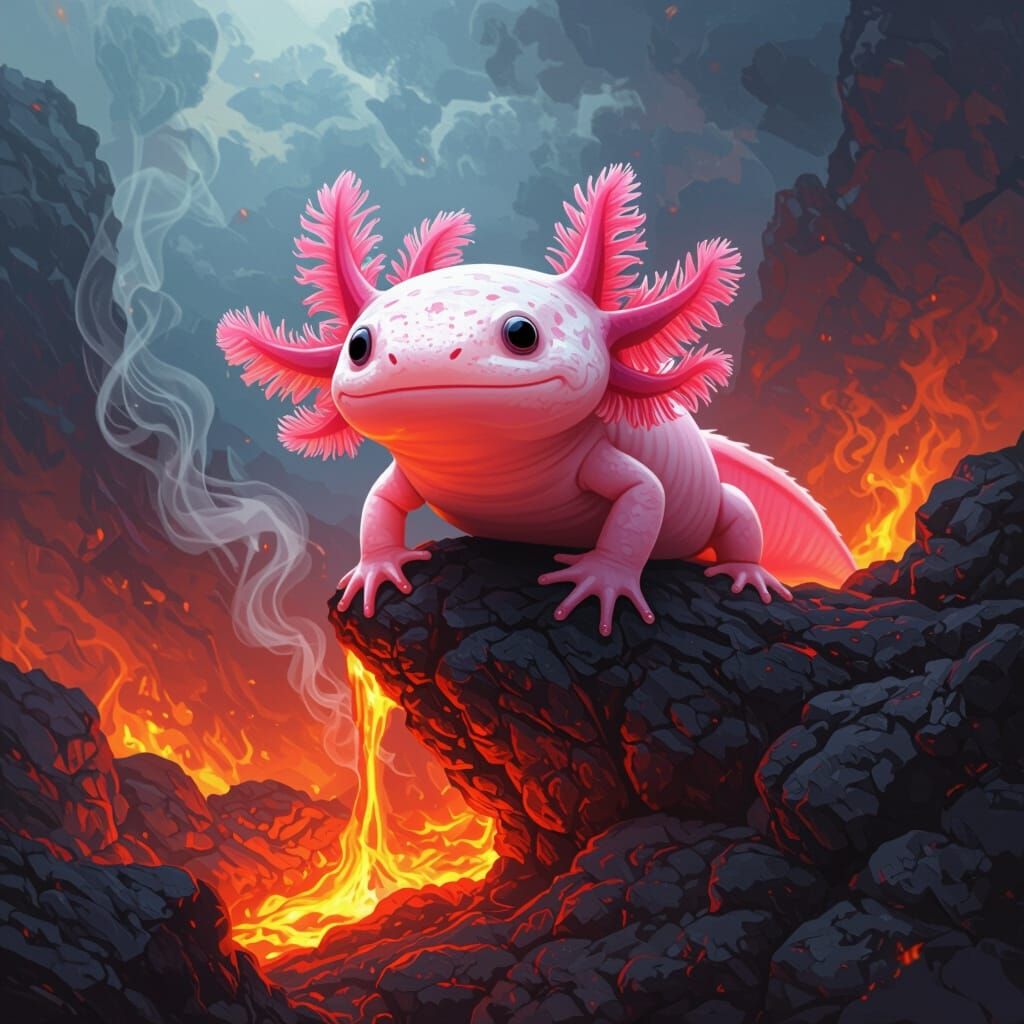 Vibrant Axolotl in Fiery Volcano Digital Painting
