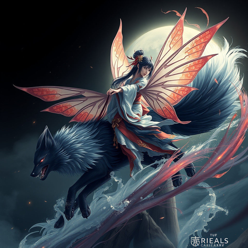 Beautiful Japanese Fairy riding a nine-tailed black fox