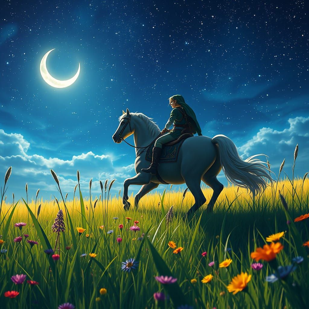 Ethereal Nighttime Fantasy Scene with Link and Epona
