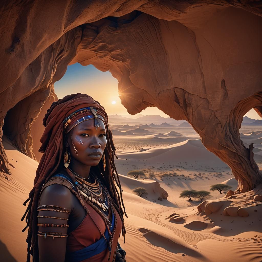 Himba Woman in Desert Cave at Sunset