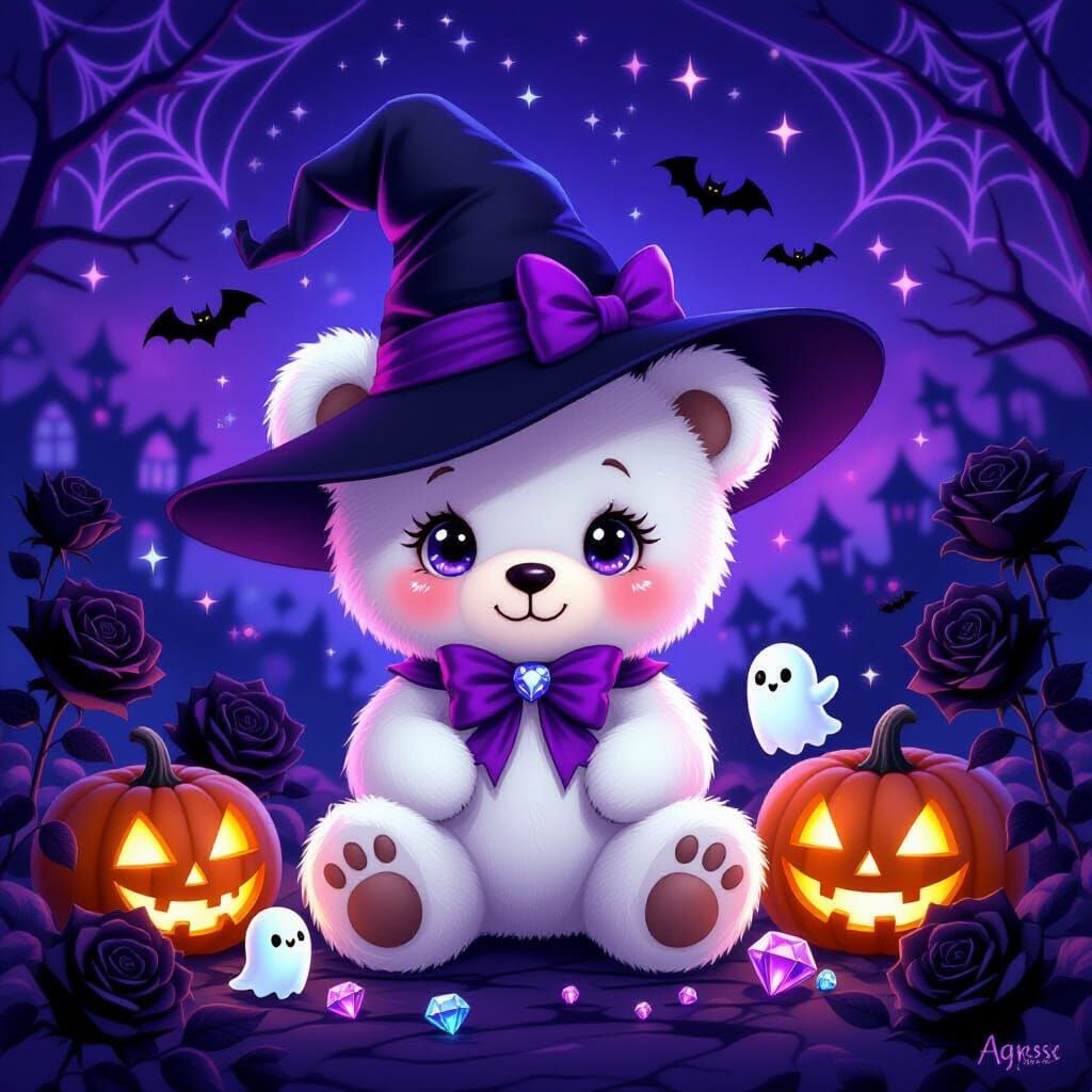 Kawaii Teddy Bear Witch Halloween Scene