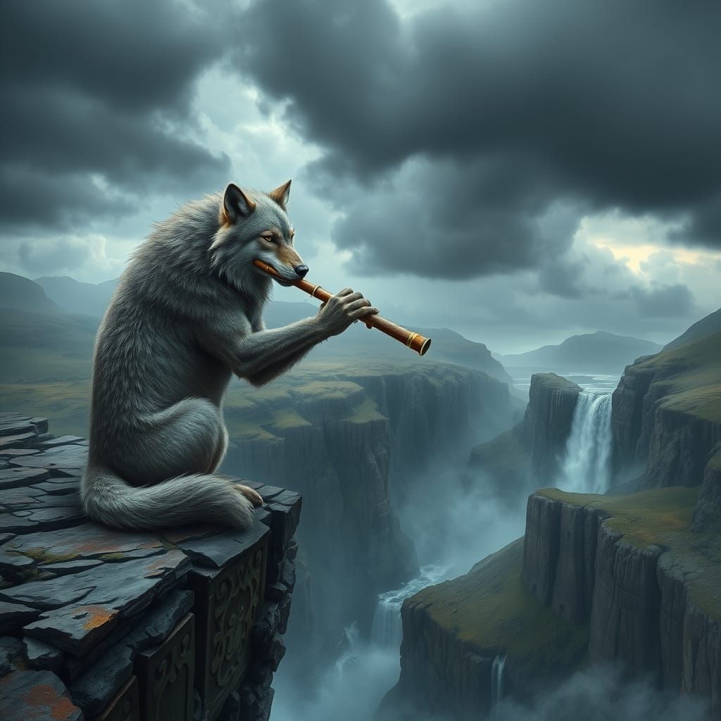 Wolf Plays Flute in Celtic Highlands Fantasy