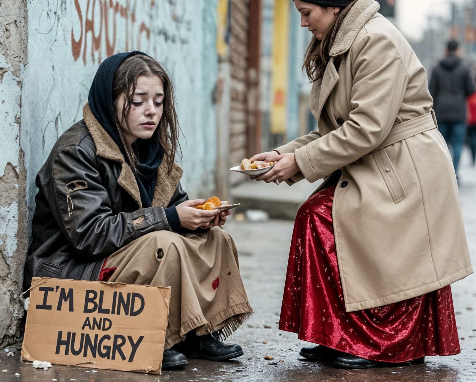 Documentary Photo: Blind Woman Receives Food from Woman in R...
