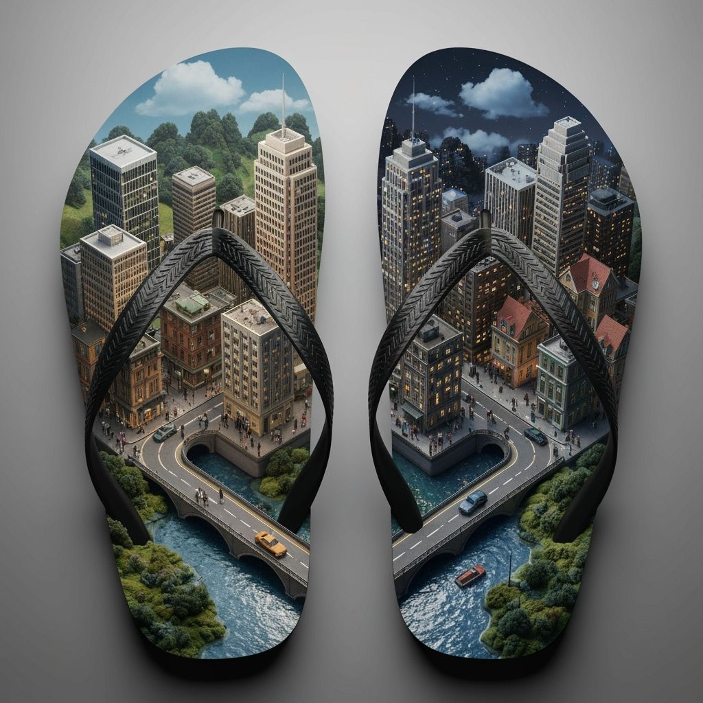 Miniature Cities Inside Flip-Flops in a Futuristic Landscape
