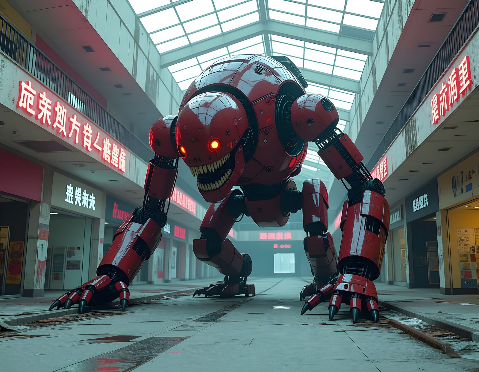 Retro-Dystopian Cyborg Crawls Through Abandoned Mall