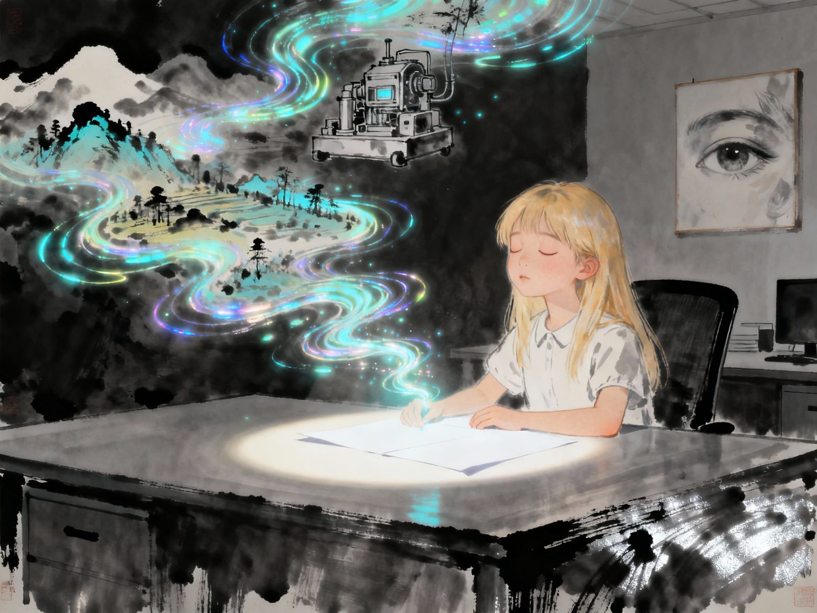 Woman in Deep Thought with Holographic Visions, Sumi-e Style