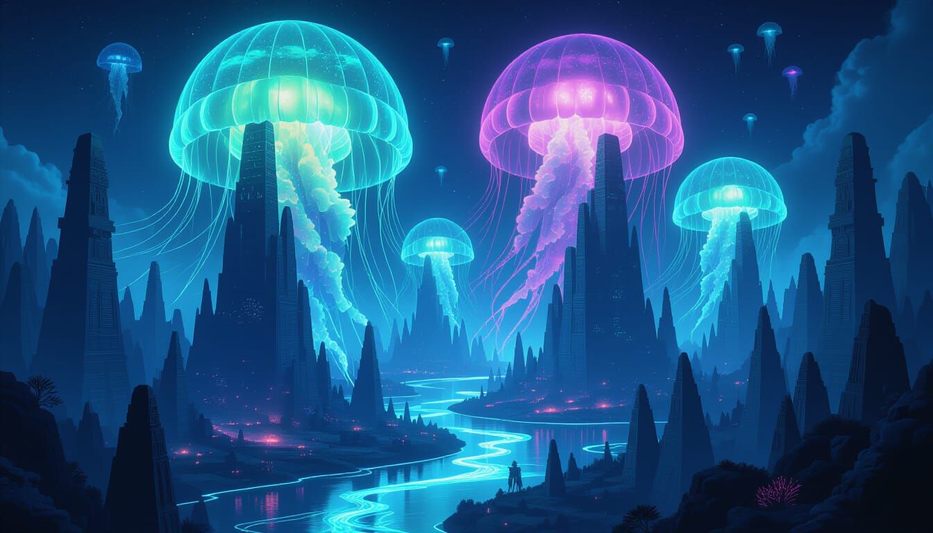 Bioluminescent Jellyfish Over Alien Coral Reefs