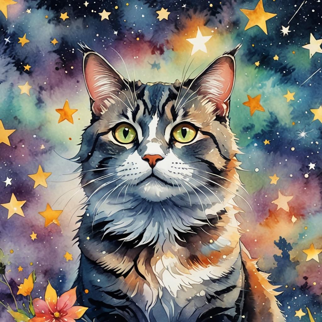 Vibrant Watercolor Cat with Starry Background