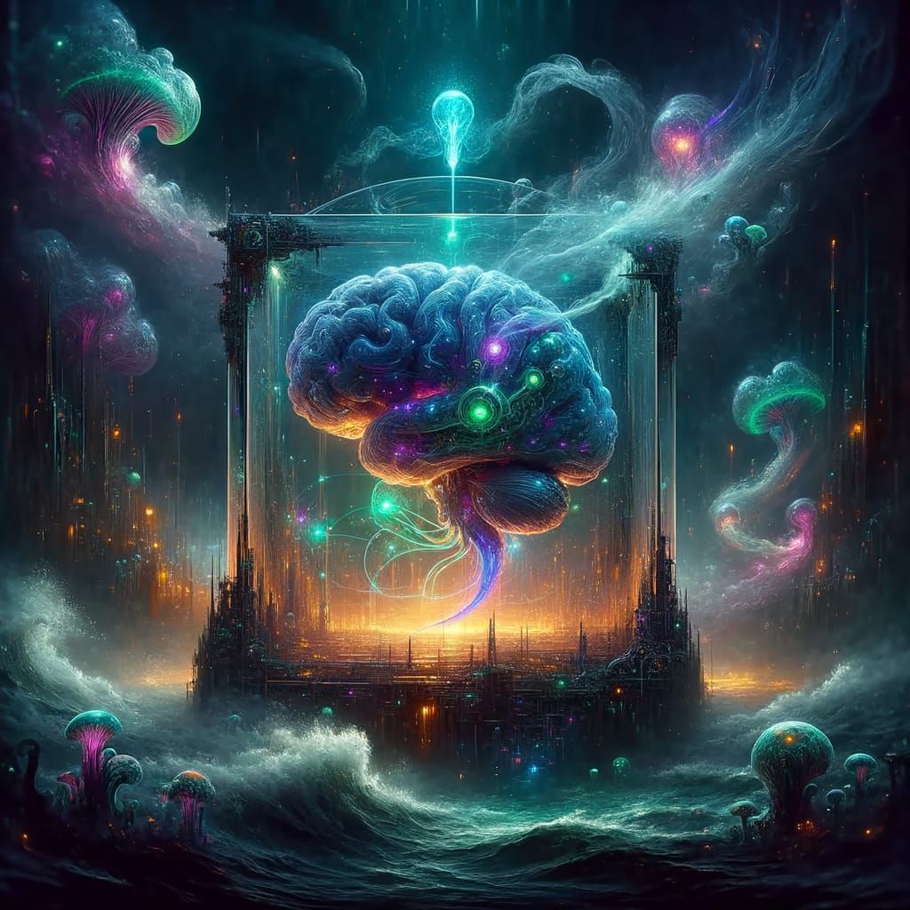 Glowing Brain Structure in Dreamy Dark Fantasy Scene
