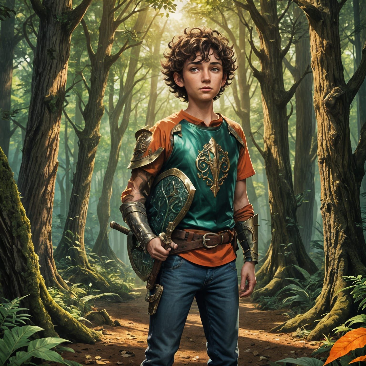 Boy with Sword in Forest, Fantasy Concept Art