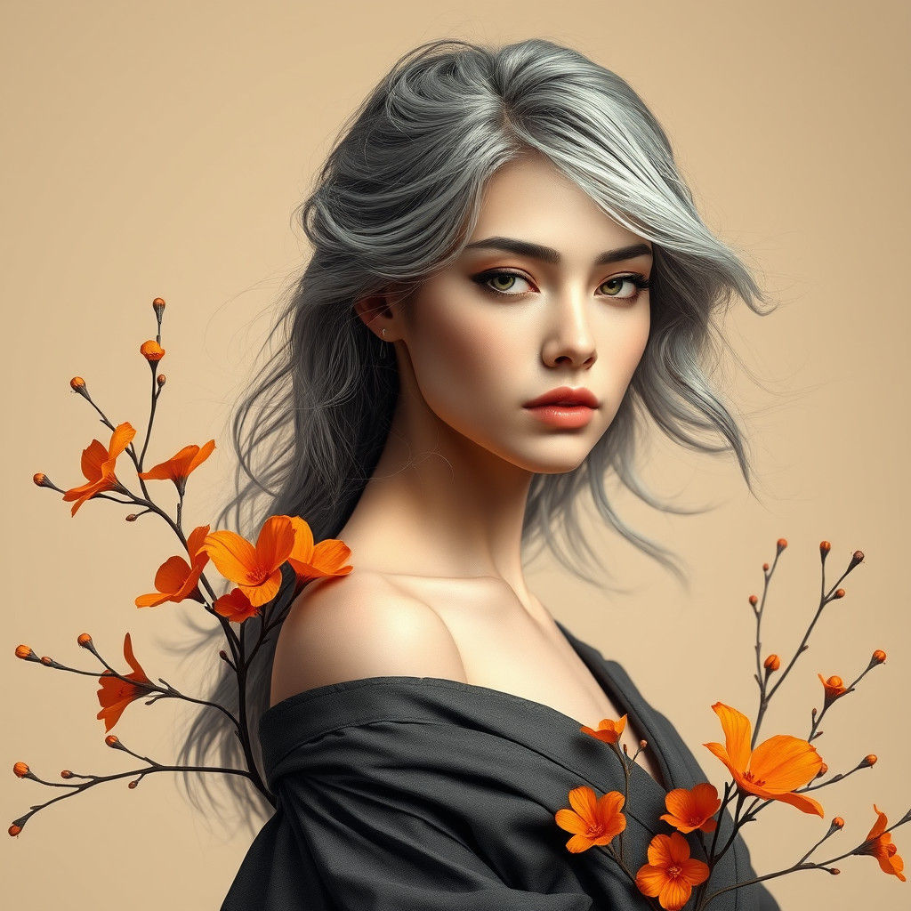 Ethereal Woman with Gray Hair and Orange Flowers