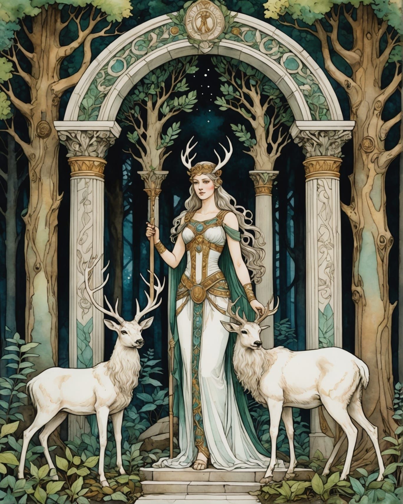 Artemis and White Stag in Forest Temple