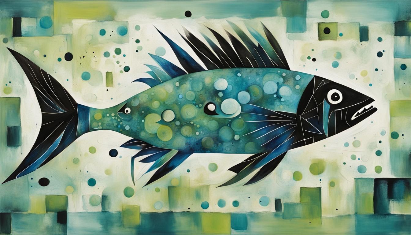Typography Art: Blue and Green Fish Abstract Painting