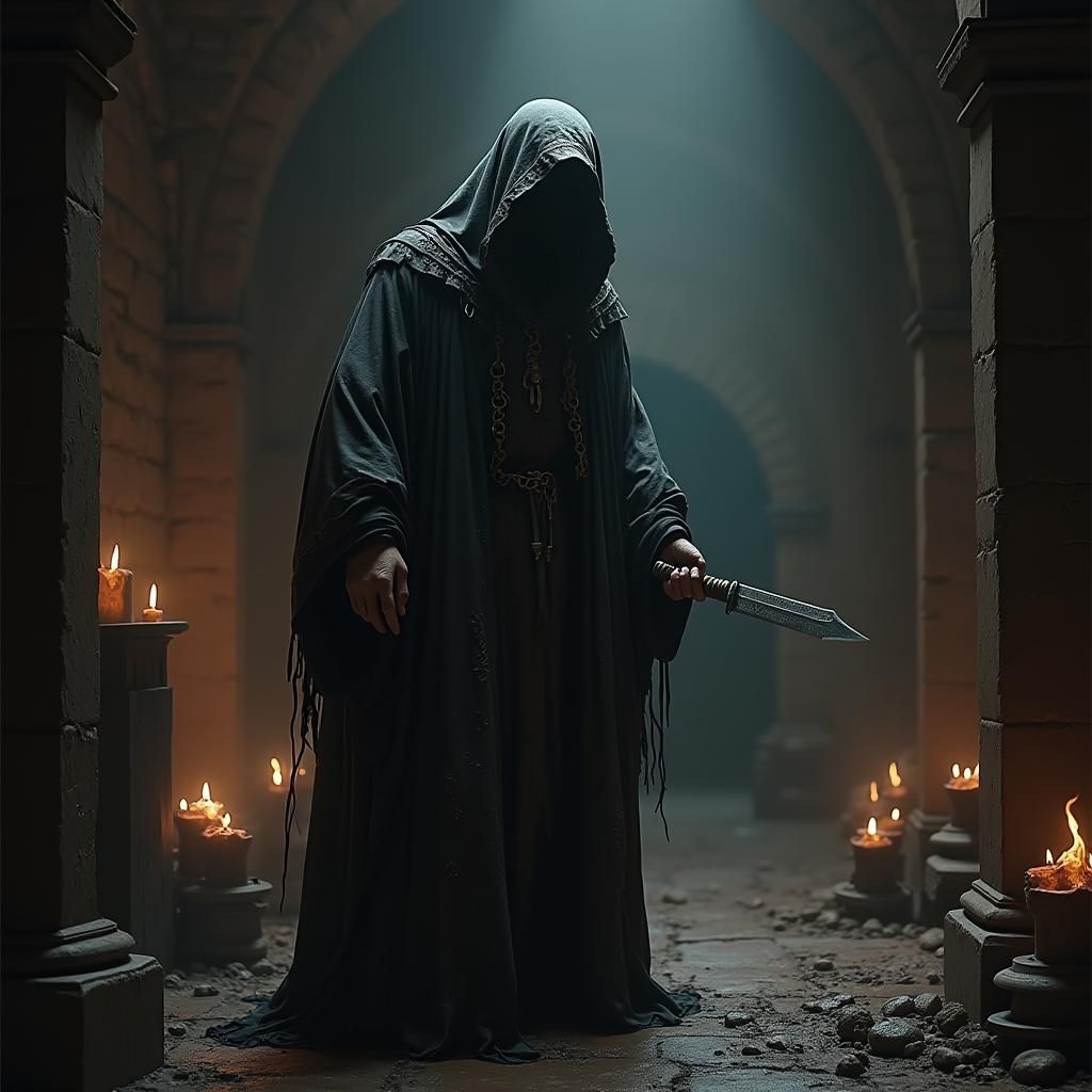 Dark Medieval Cultist with Knife: Detailed Matte Painting
