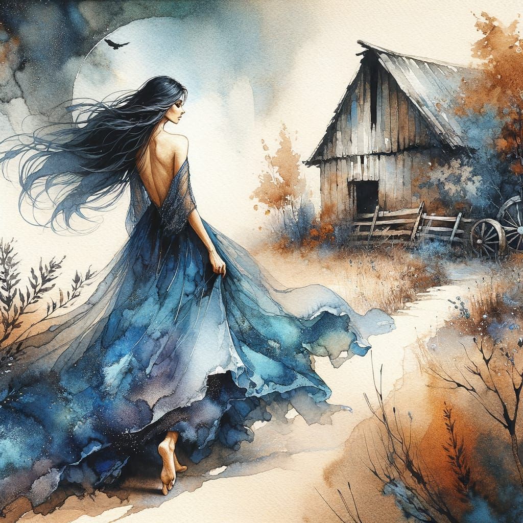 Norse Goddess Stroll Under Moonlight in Alcohol Ink Style