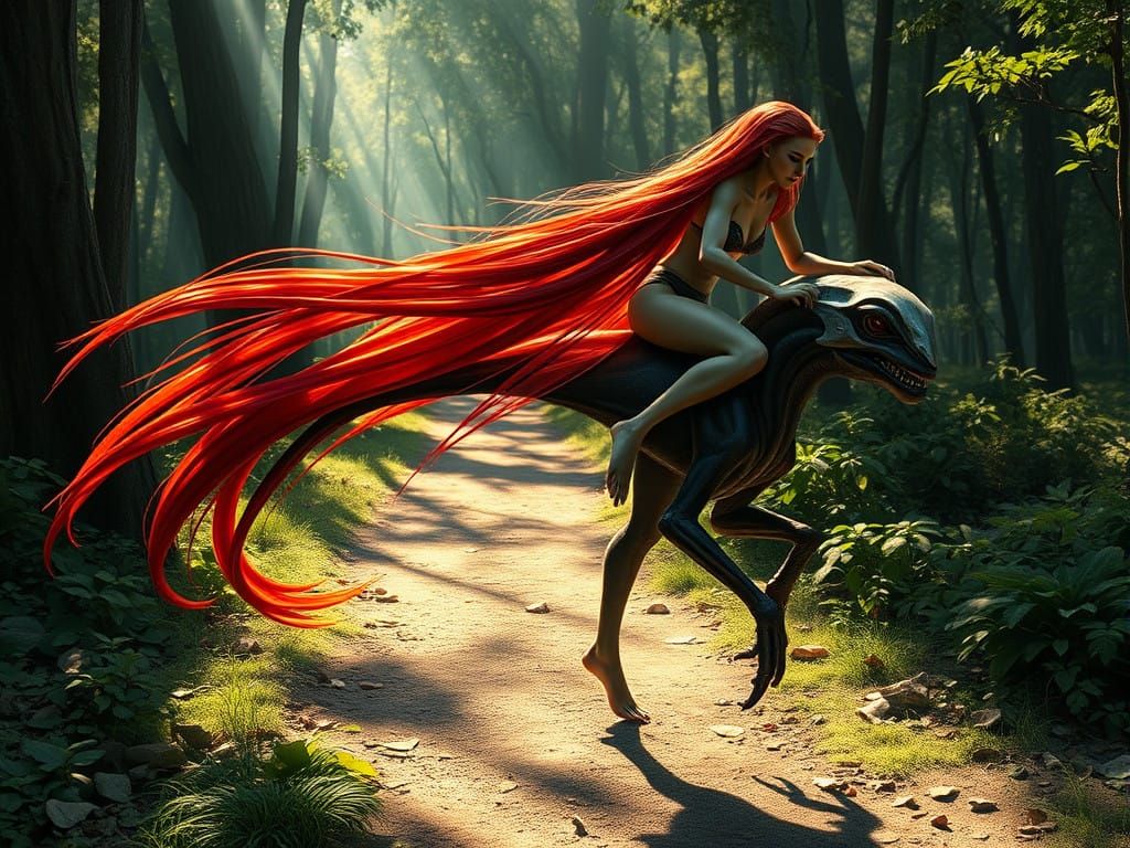 Fantastical Alien Woman Rides Her Majestic Red-Haired Steed....