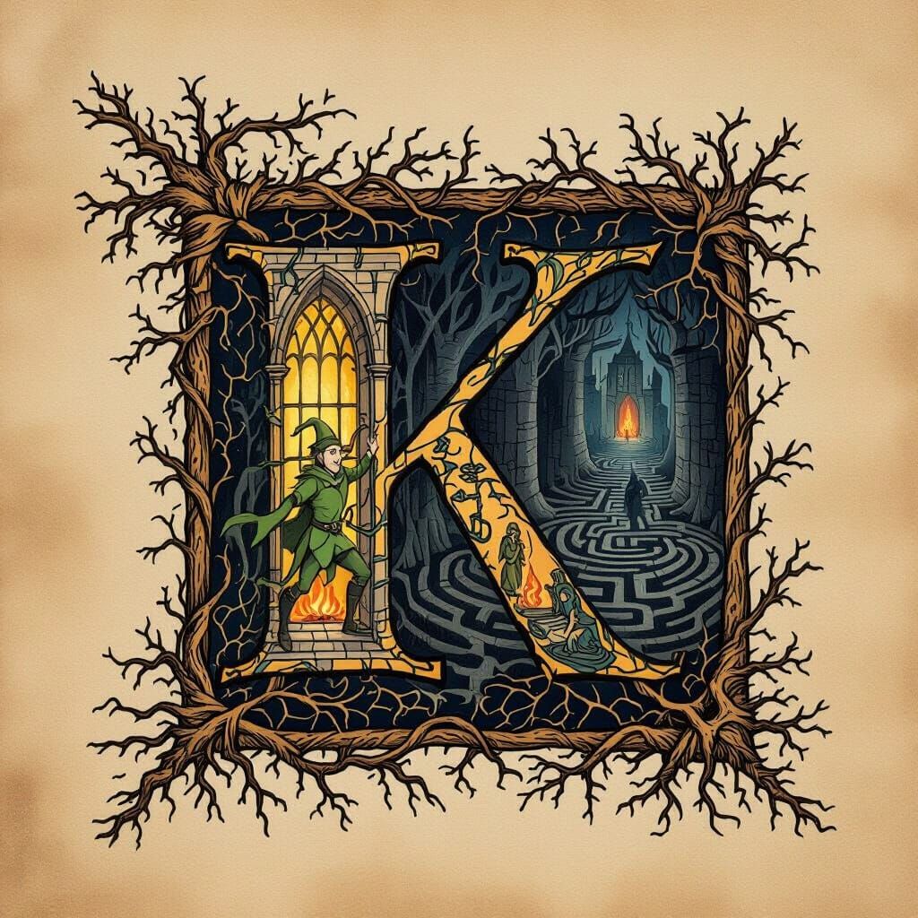 Medieval Illuminated 'K' with Root Border and Oberon's Journ...