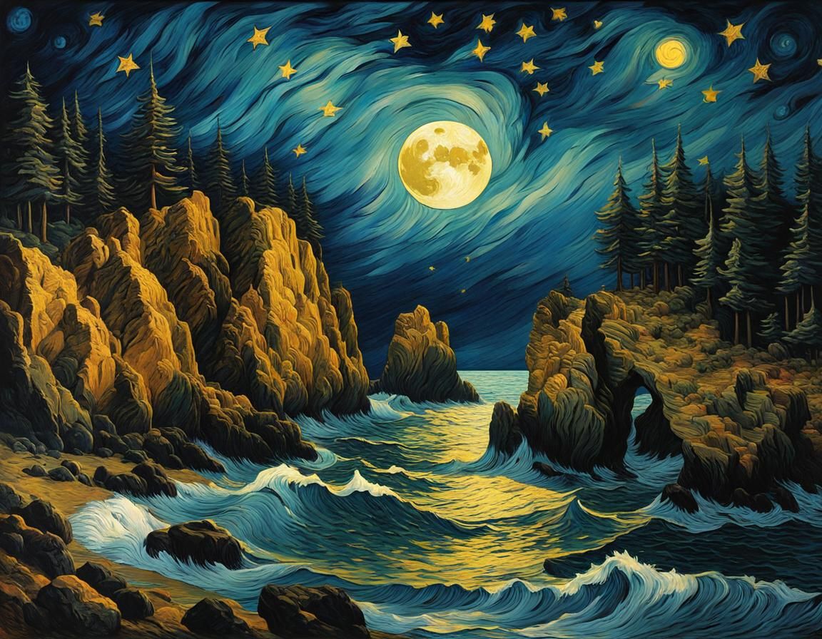 Starry Night Gothic Seascape as Impasto Painting