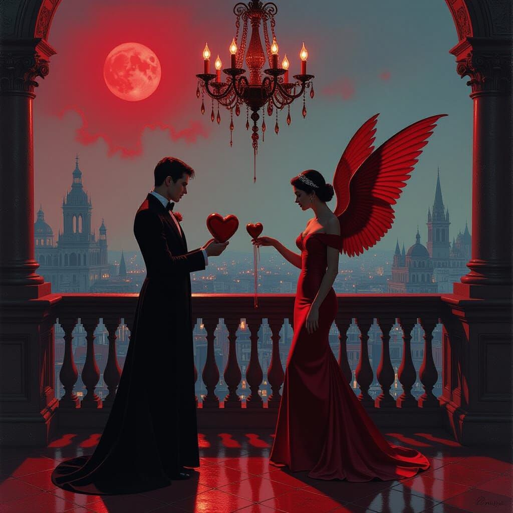 Crimson City Surrealism: Lovers Exchange Hearts in Dark Roma...