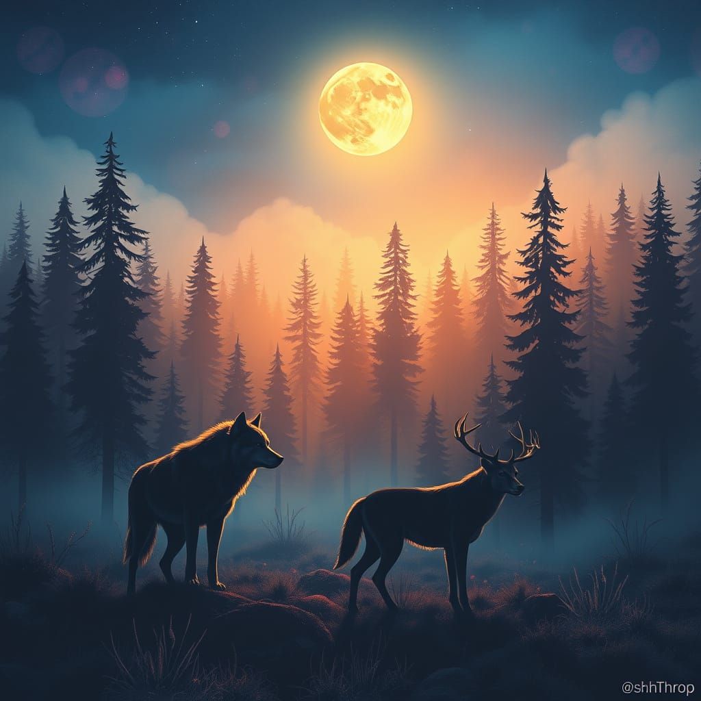 Mystical Forest Animals Under Luminous Night Sky