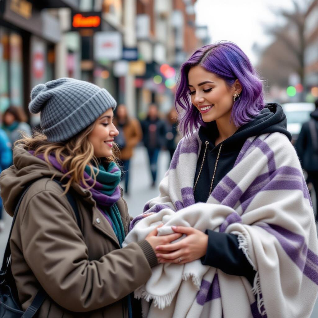 Woman with Purple Hair Offers Blanket to Homeless Person
