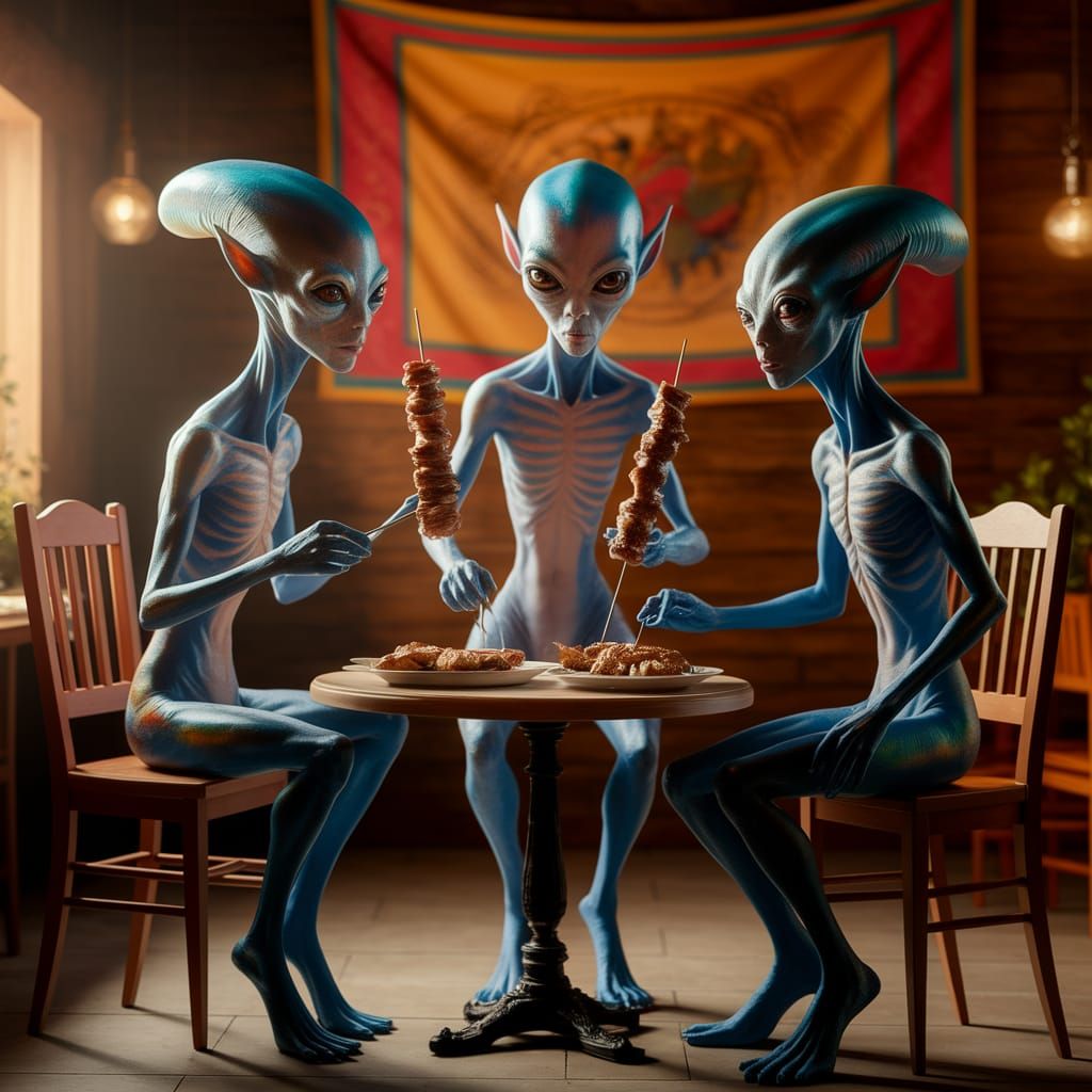 Aliens Enjoying Souvlaki in Greek Restaurant