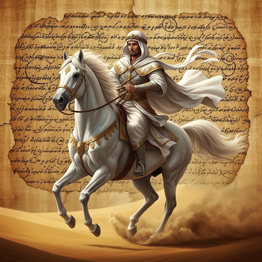 Arabian Knight on White Horse in Desert