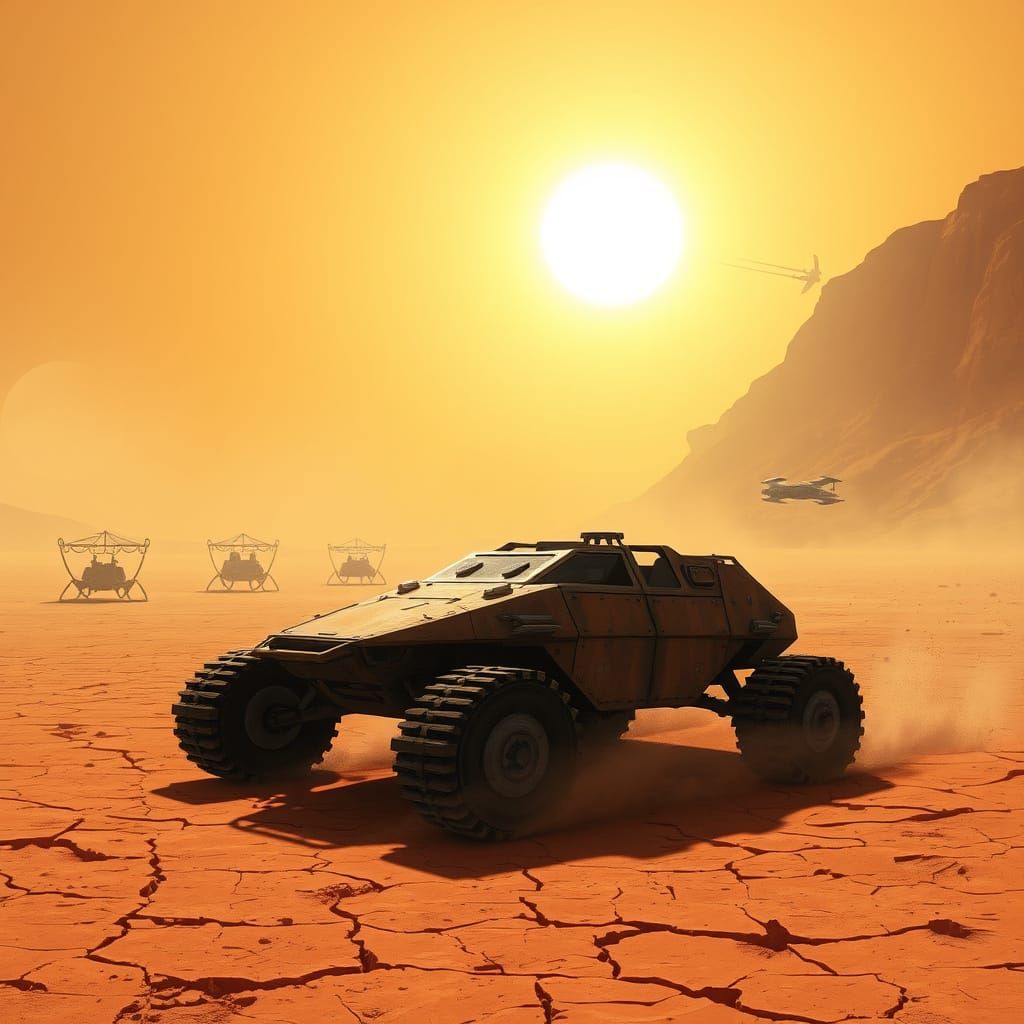 Surreal Futuristic Landscape with Sandcrawler and Starfighte...