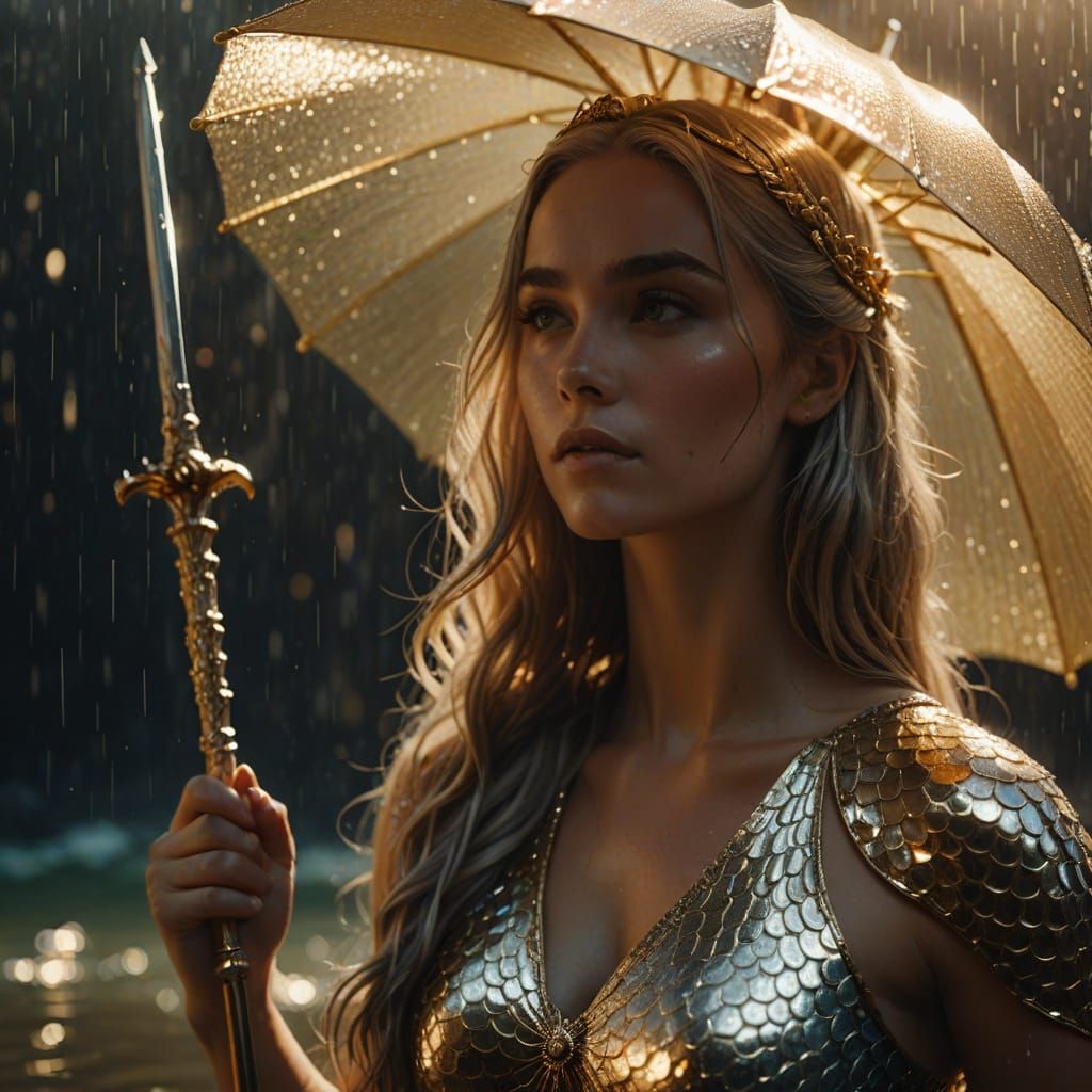 Cinematic Mermaid with Umbrella and Sword