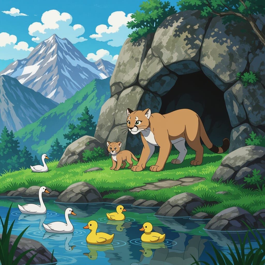 Puma Family Emerges from Mountain Cave to Pond