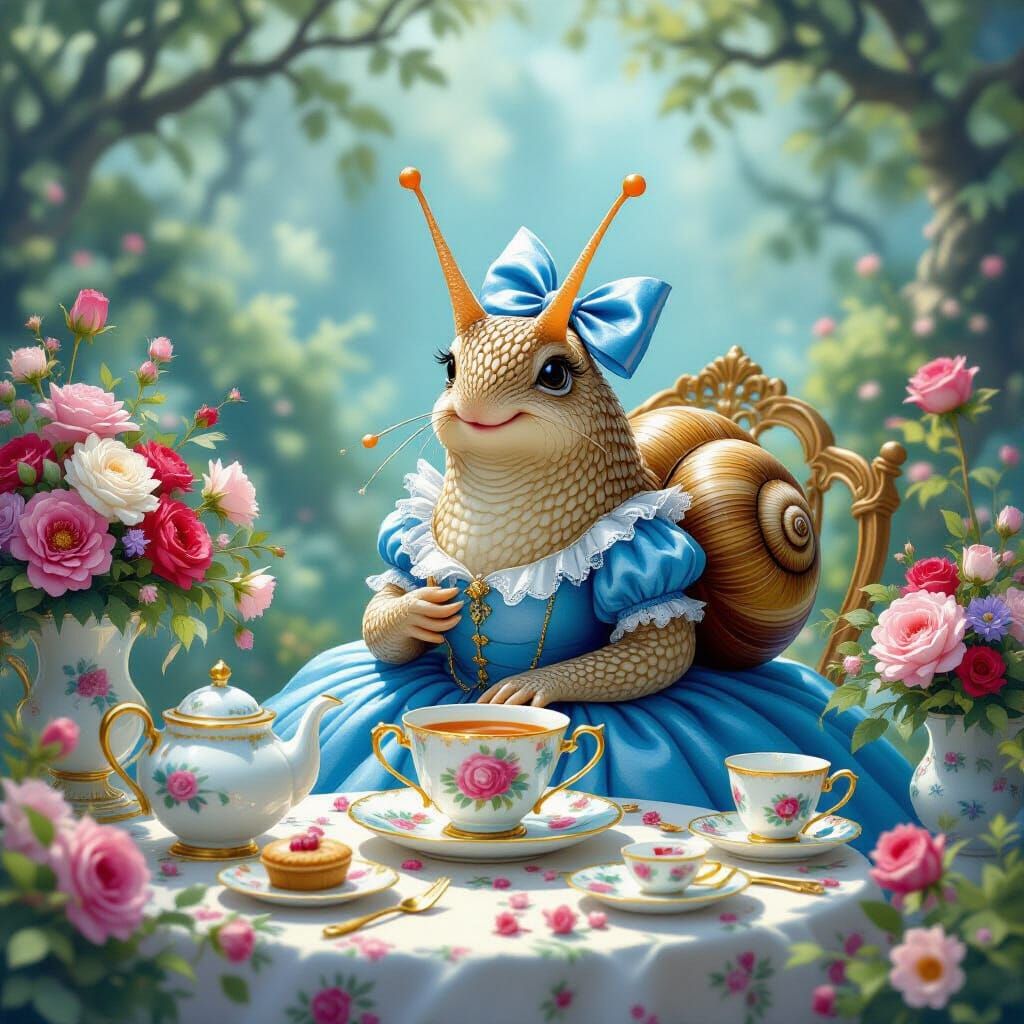 Snail at Whimsical Tea Party in Dreamlike Style