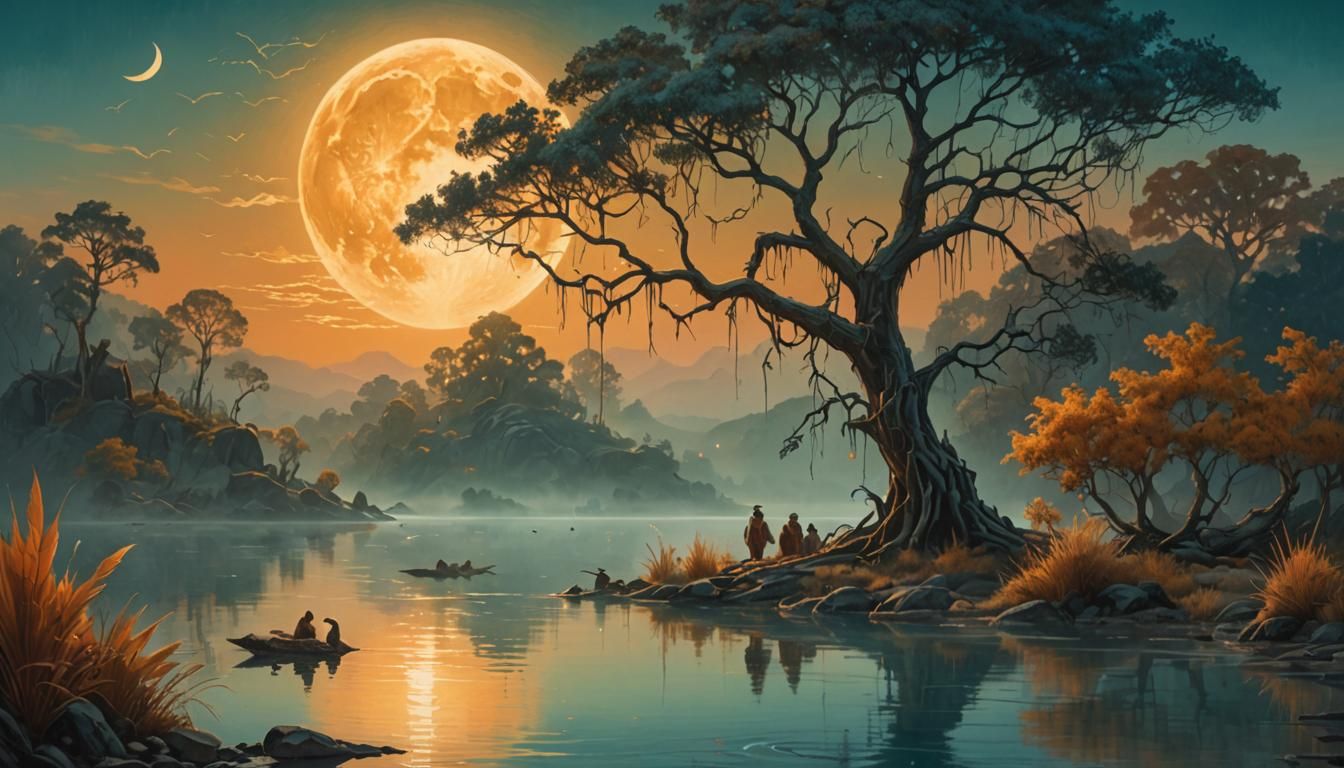 Mystical Gathering by Misty Lake: Oil Painting