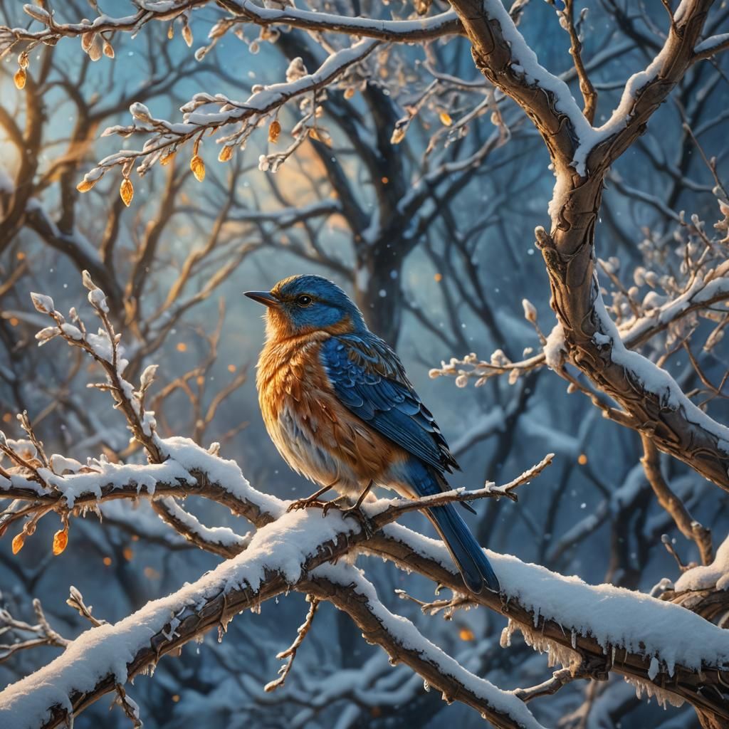 Bird on Winter Branch in Fantasy Style