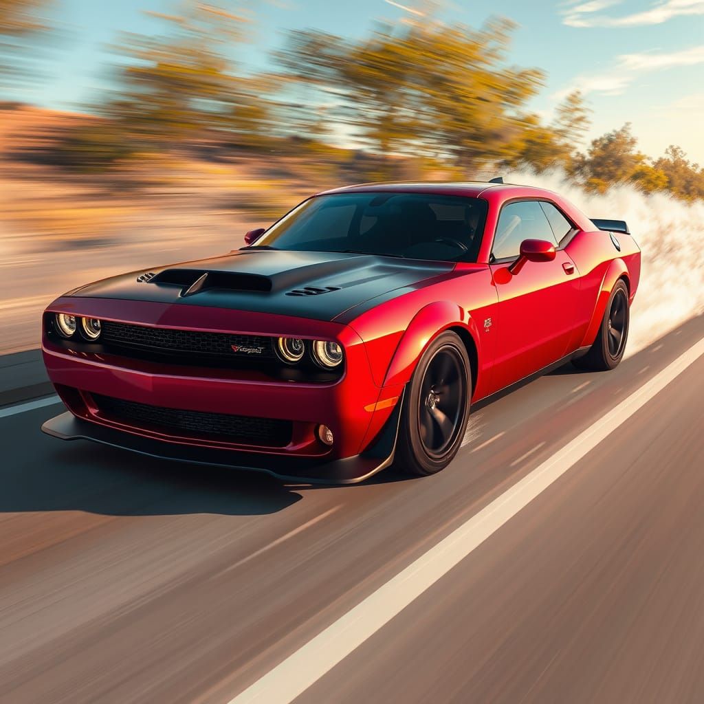 Hellcat Speeding Down Highway in Futuristic Style
