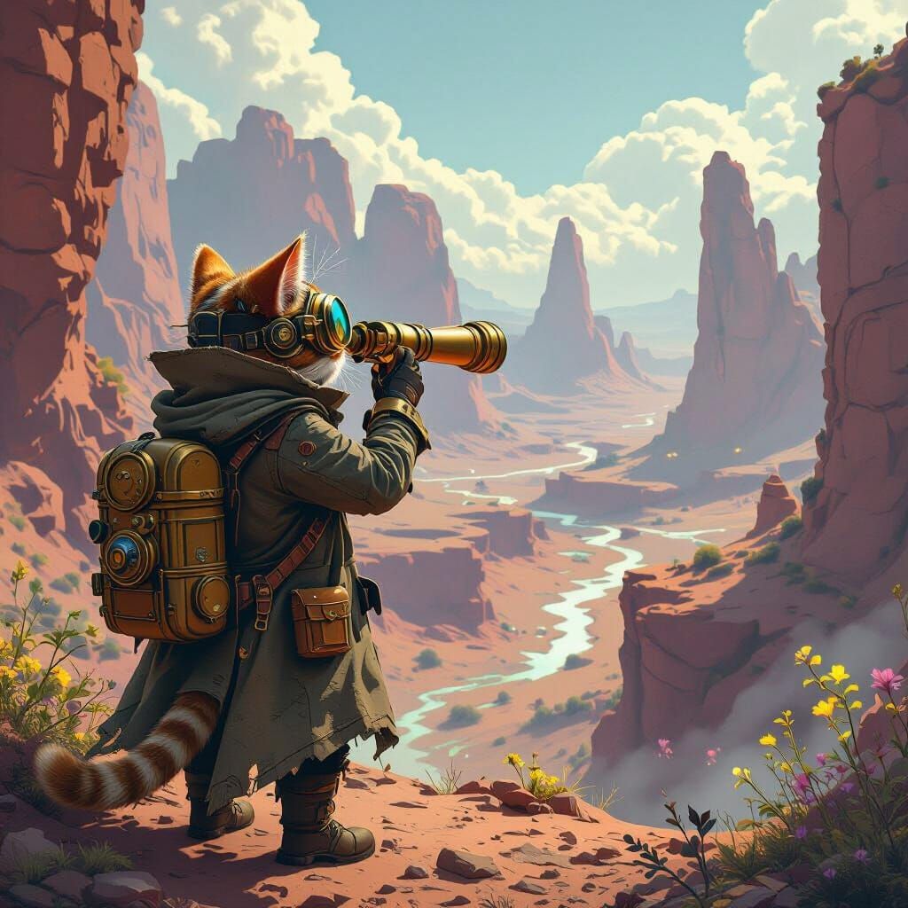 Steampunk Cat Explorer Gazing at Alien Canyon