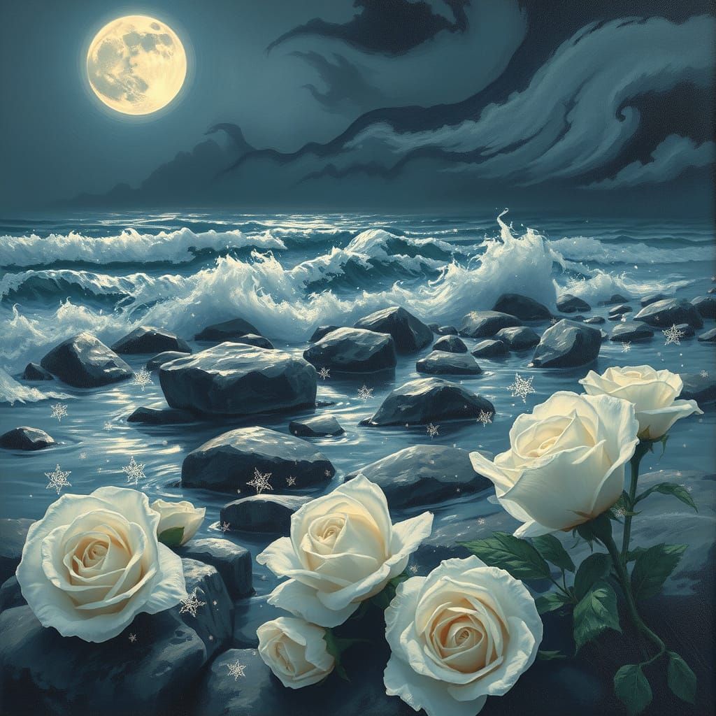 Moonlit Shore with Drifting Roses, Painterly Style