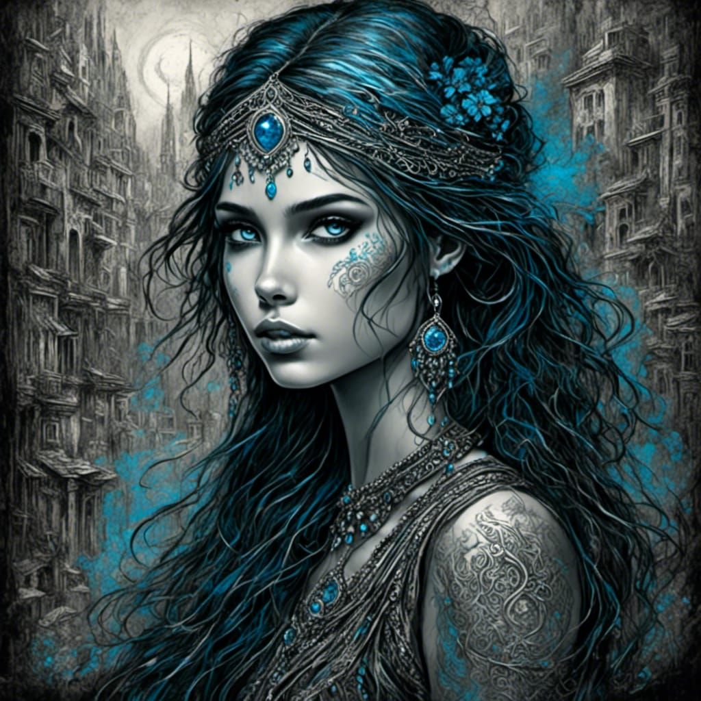 Bohemian Girl in Eerie City: Storybook Illustration