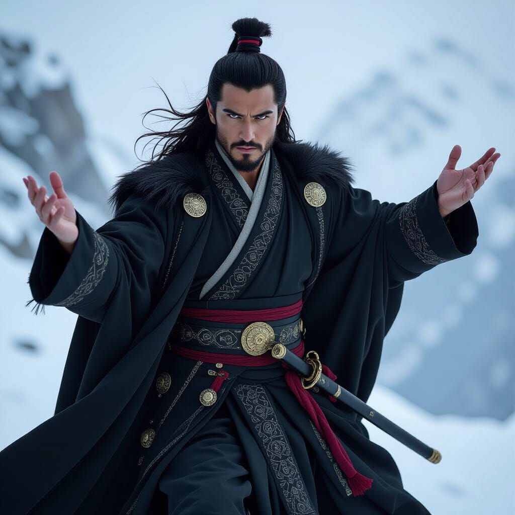 Tibetan Man on Icy Cliff in Surreal Style