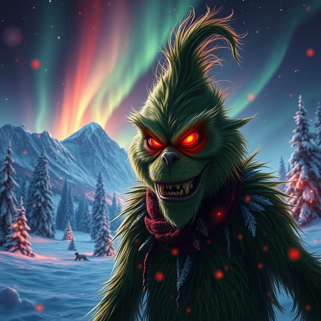 Sinister Grinch Amidst Christmas Wonderland in Hyperrealisti...