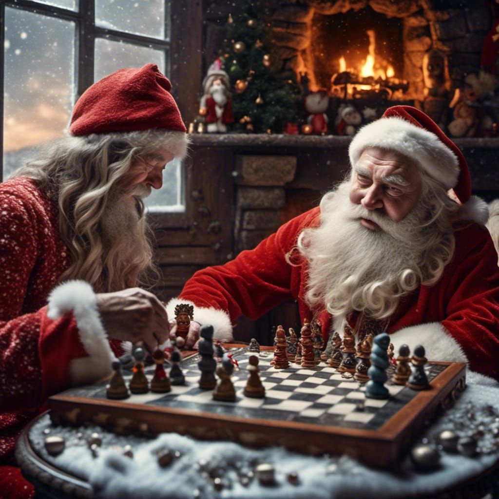 Santa Claus and Christmas Elf Play Chess