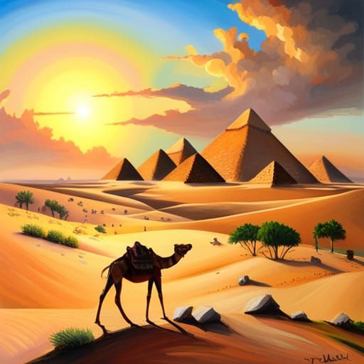 Egyptian Pyramids and Camels in Oil Painting