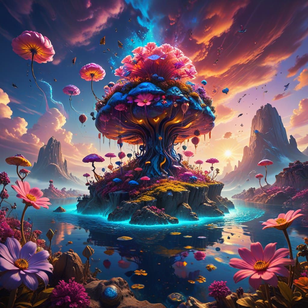 Surreal Floating Islands with Glowing Sky in Graffiti Style