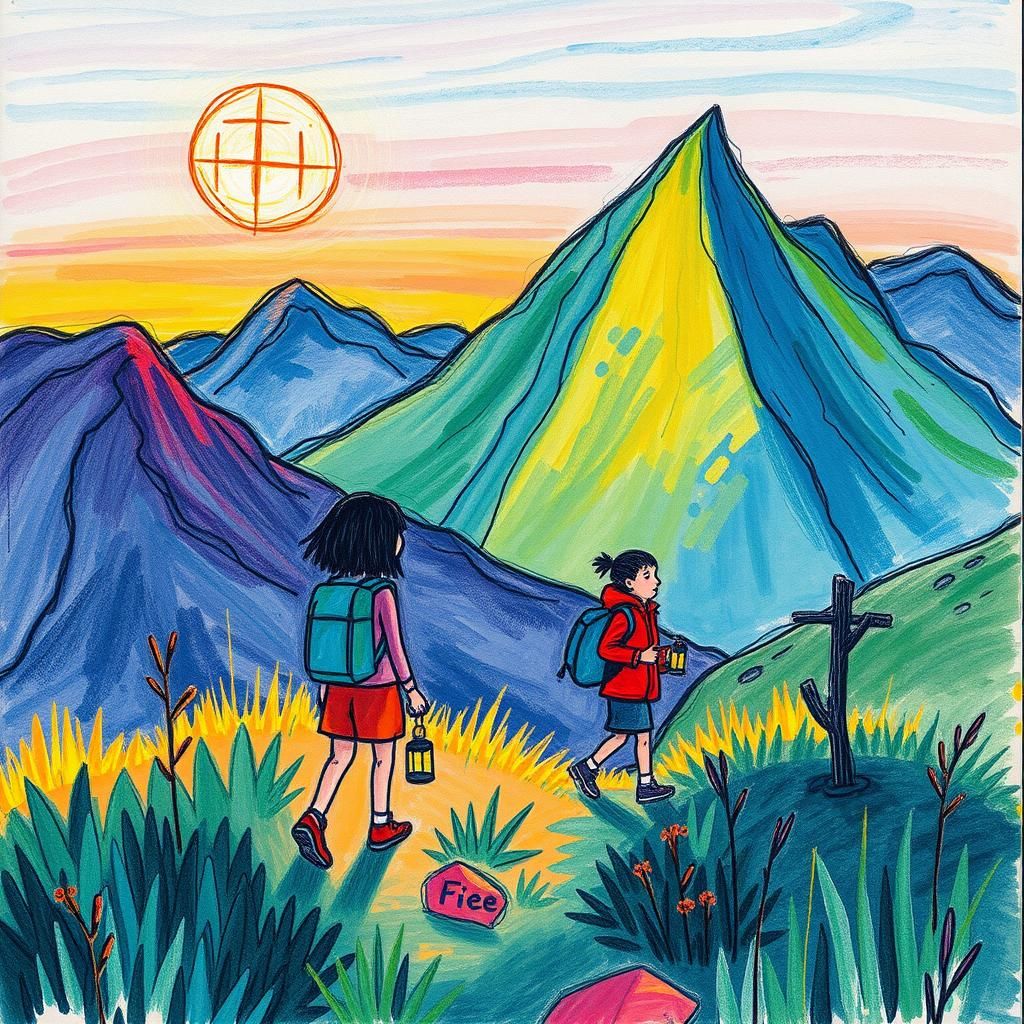 Colorful Children's Drawing of Hikers at Dusk