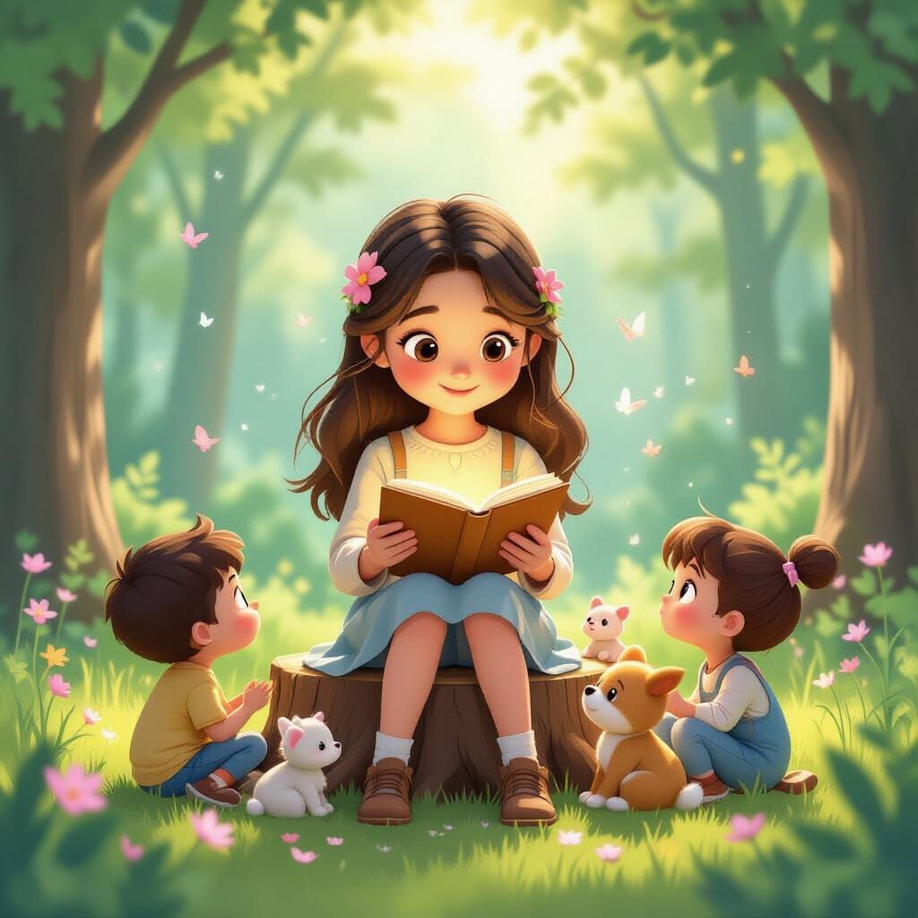Girl Shares Imagination in Pastel Forest, Pixar Style