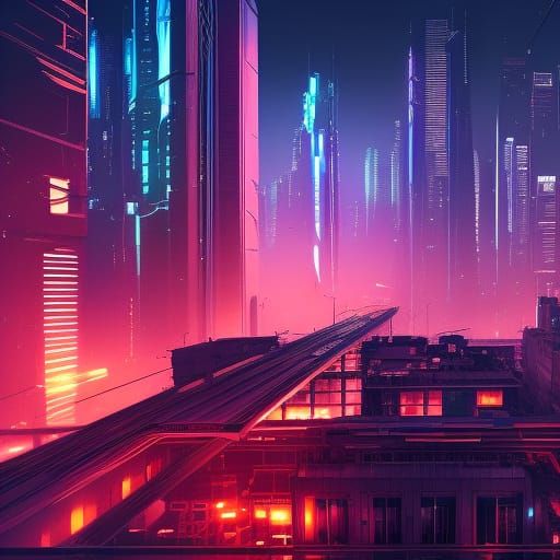 Cyberpunk City at Night from Above: Detailed Matte Painting