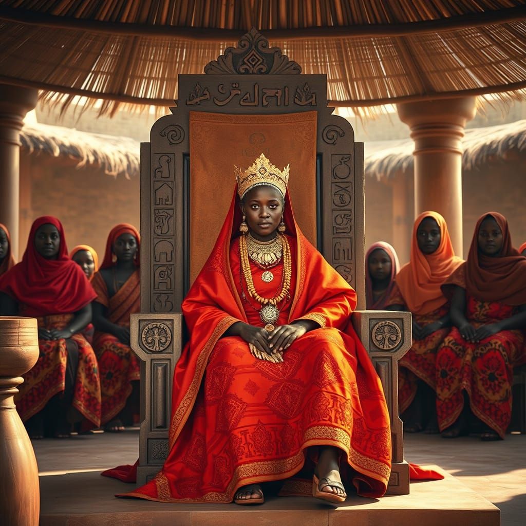 Queen Arawelo on Her Throne in Traditional Somali Art Style