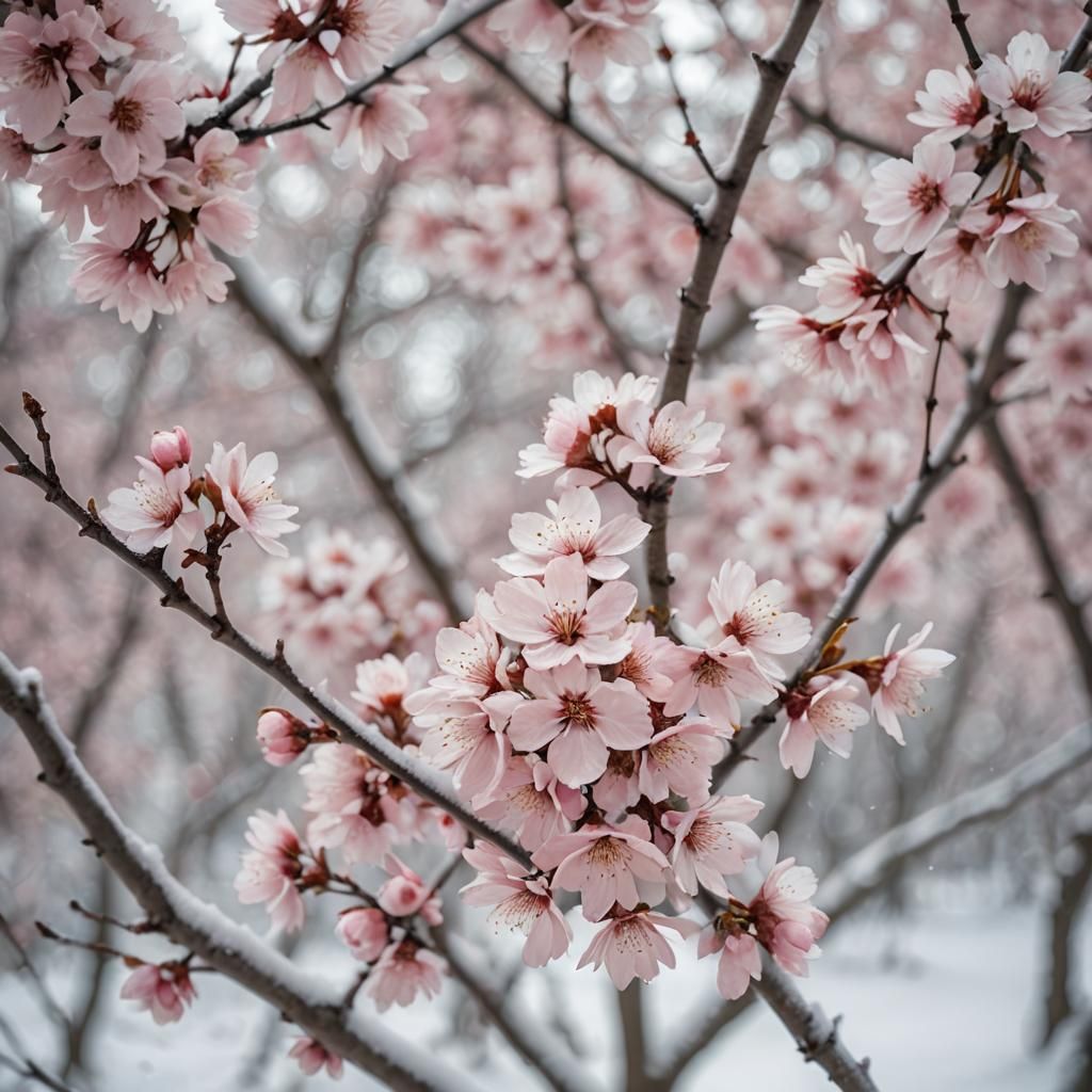 Cherry Blossoms in Snow: Soft Focus Photography